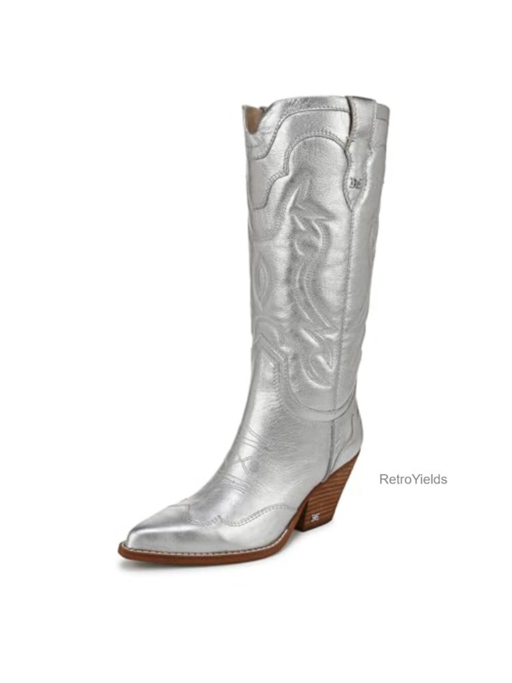 Western Cowboy Boots Leather Pointed Toe Cuban Heel Mid-Calf Slip-On